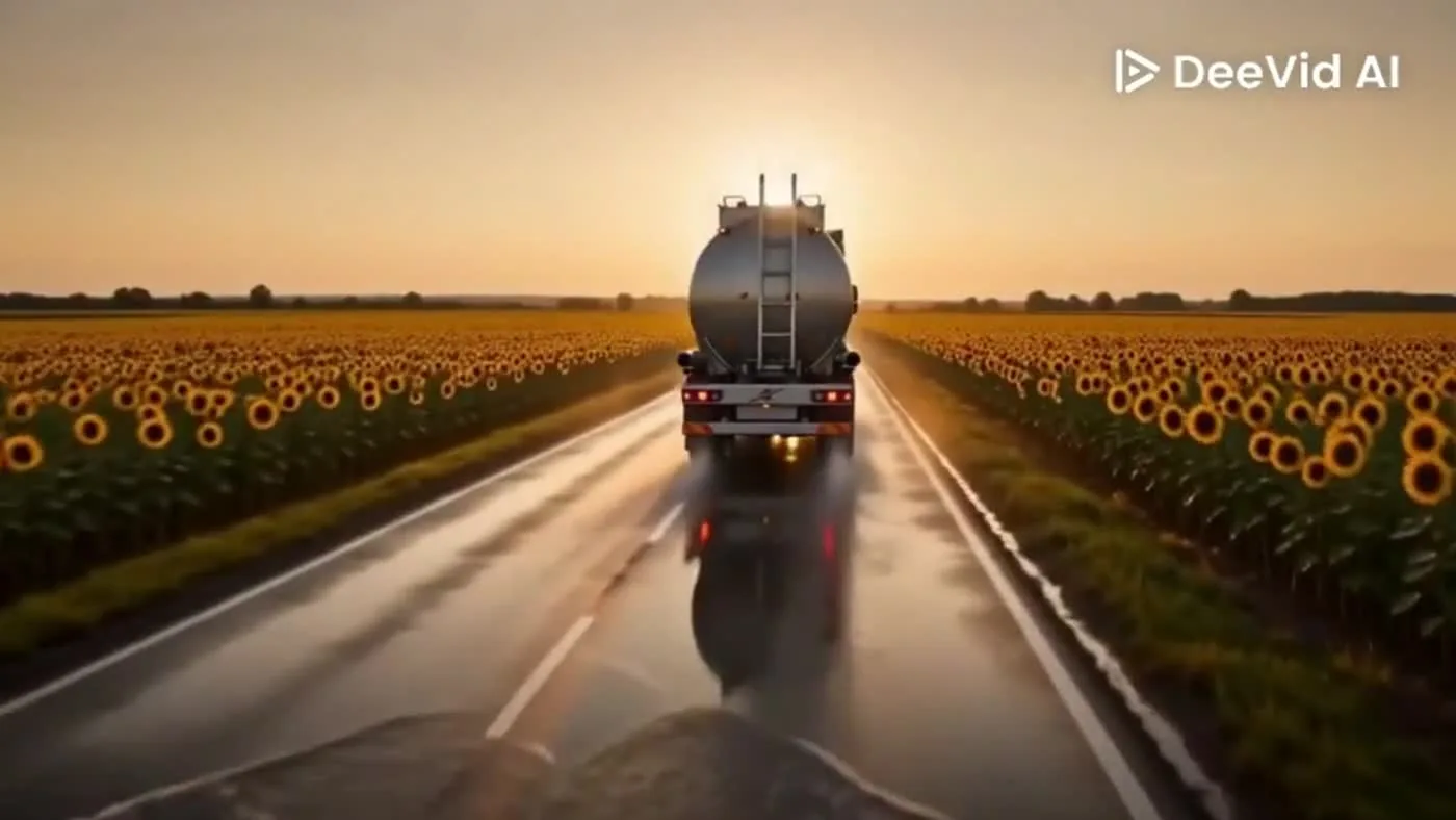 Camion cisternă în lumina apusului